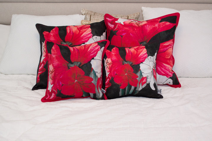 D-192 AMARYLLIS BLOOM - Small Luxury Hand Painted Organic Linen Sham with Black Edge, 16" x 16"