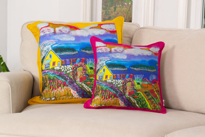 D-576 LIVING ON THE OVERFLOW - Large Luxury Organic Linen Sham with Yellow Edge, 22" x 22"