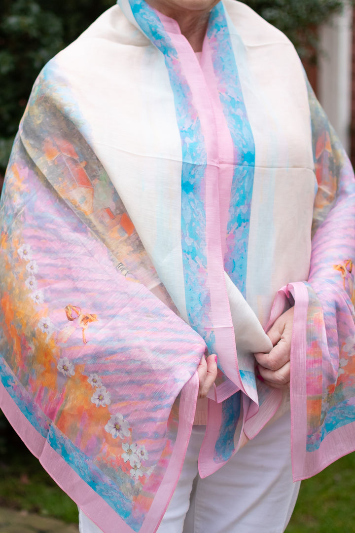 D-805SL FEAST OF HEAVEN ON EARTH  LAVENDER FIELDS SILK LINEN SCARF