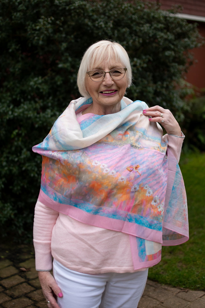 D-805SL FEAST OF HEAVEN ON EARTH  LAVENDER FIELDS SILK LINEN SCARF