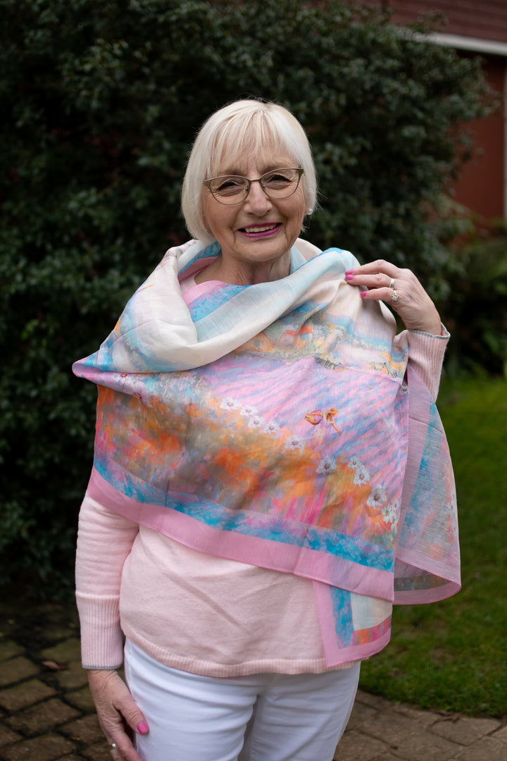 D-805SL FEAST OF HEAVEN ON EARTH  LAVENDER FIELDS SILK LINEN SCARF
