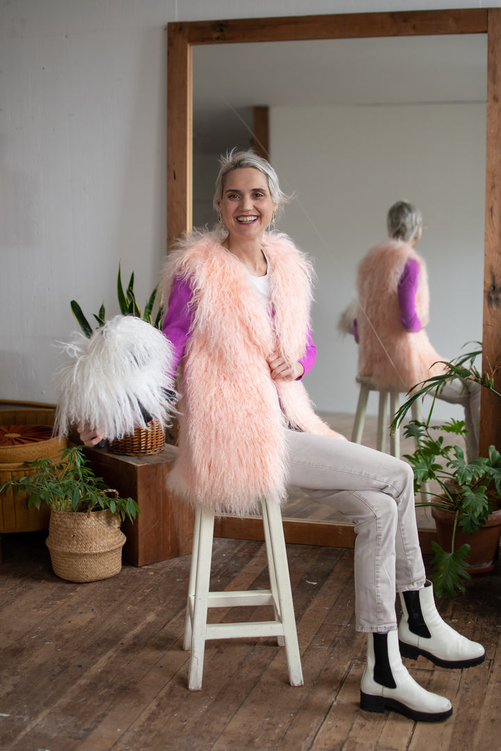 MONGOLIAN SHEEPS WOOL VEST SIZE MEDIUM LONG PINK