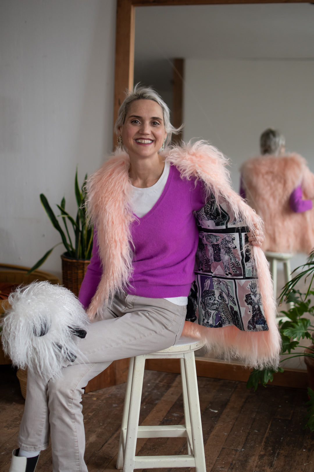 MONGOLIAN SHEEPS WOOL VEST SIZE MEDIUM LONG PINK