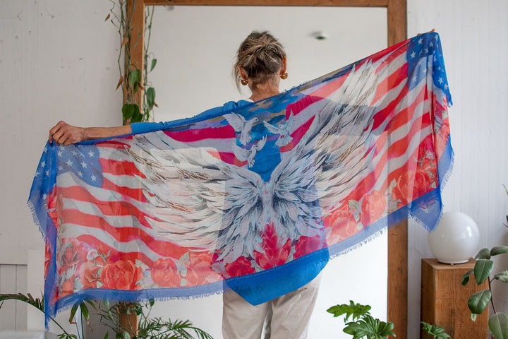 D-550  BLESSING THE USA:  ON ANGELS WINGS  WOMENS SCARF  SILK MODAL BLEND