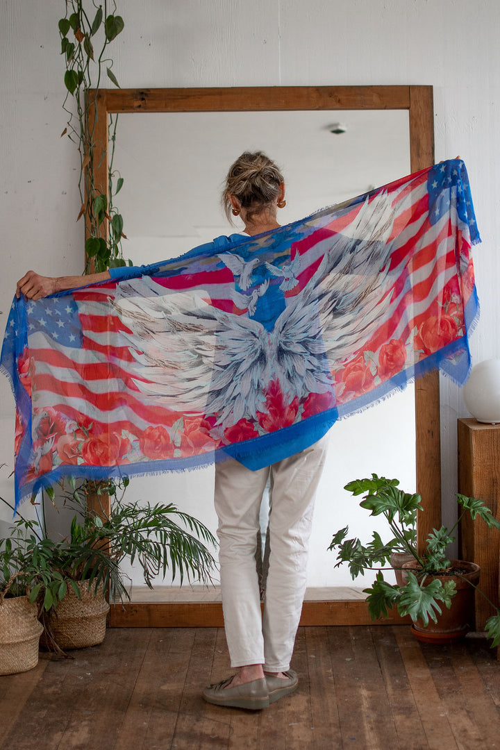 D-550  BLESSING THE USA:  ON ANGELS WINGS  WOMENS SCARF  SILK MODAL BLEND