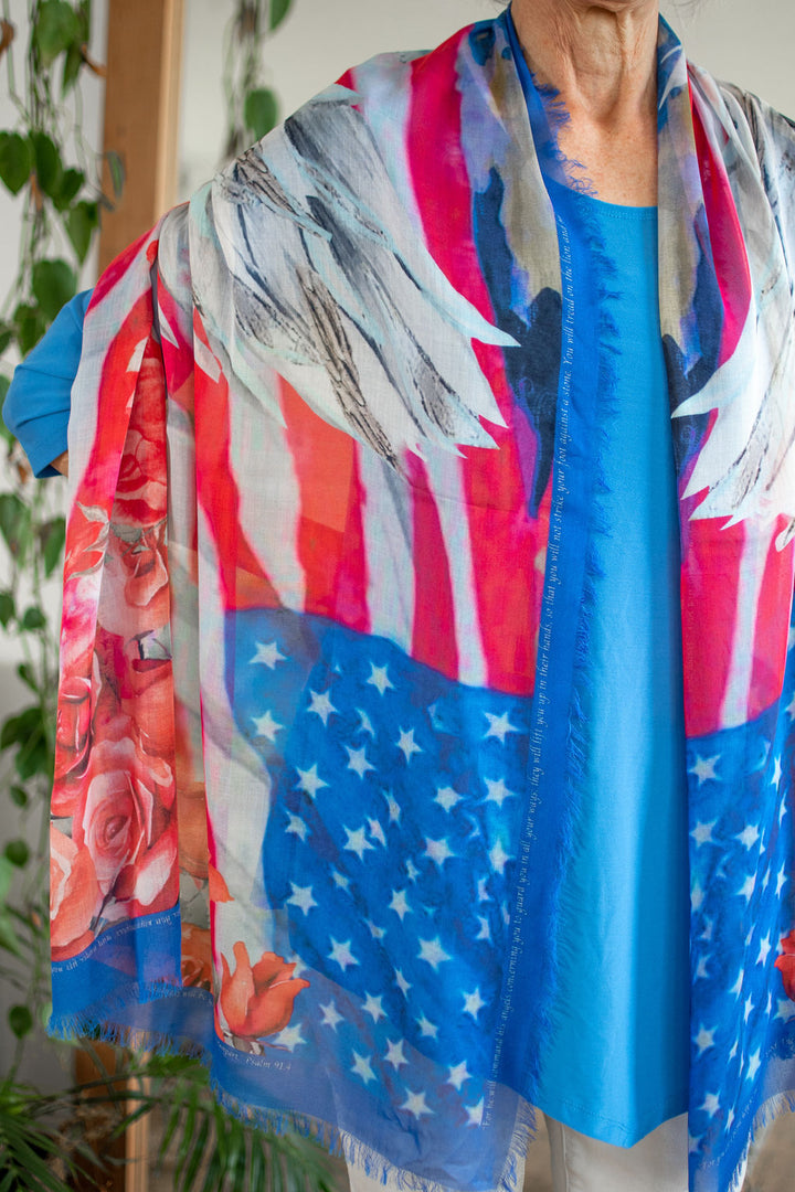 D-550  BLESSING THE USA:  ON ANGELS WINGS  WOMENS SCARF  SILK MODAL BLEND