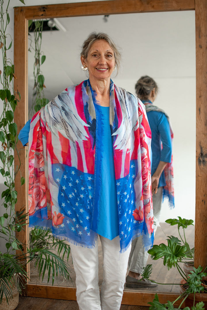 D-550  BLESSING THE USA:  ON ANGELS WINGS  WOMENS SCARF  SILK MODAL BLEND