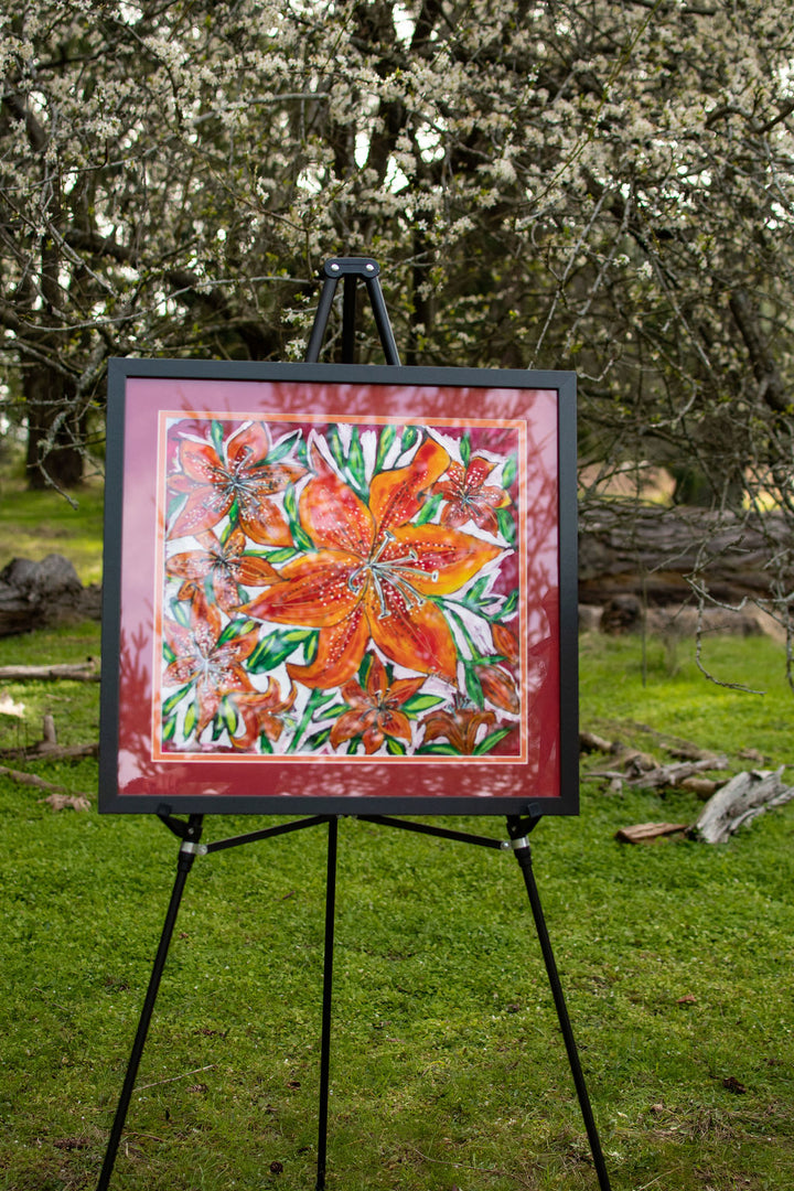 PASSION FIRE PURITY SASKATCHEWAN FIRELILY  ORIGINAL SILK PAINTING BY CYDNEY
