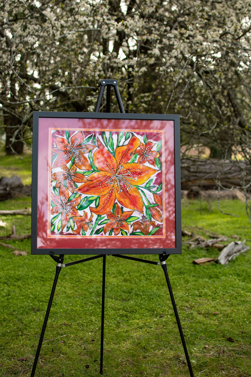 PASSION FIRE PURITY SASKATCHEWAN FIRELILY  ORIGINAL SILK PAINTING BY CYDNEY