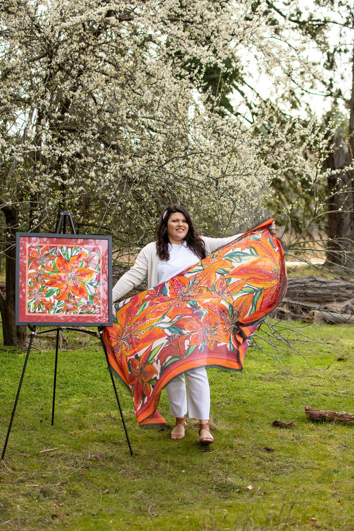 PASSION FIRE PURITY SASKATCHEWAN FIRELILY  ORIGINAL SILK PAINTING BY CYDNEY