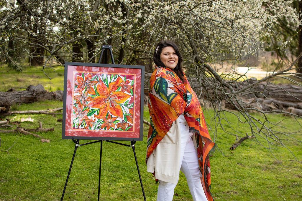 PASSION FIRE PURITY SASKATCHEWAN FIRELILY  ORIGINAL SILK PAINTING BY CYDNEY