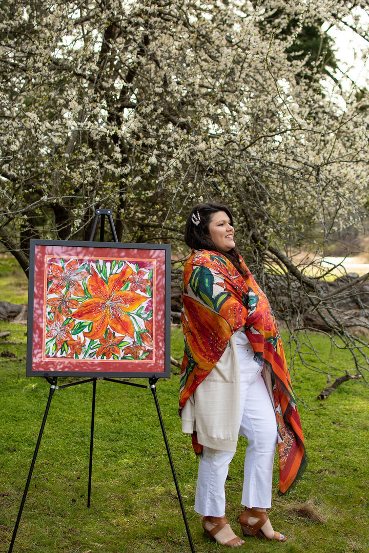 PASSION FIRE PURITY SASKATCHEWAN FIRELILY  ORIGINAL SILK PAINTING BY CYDNEY