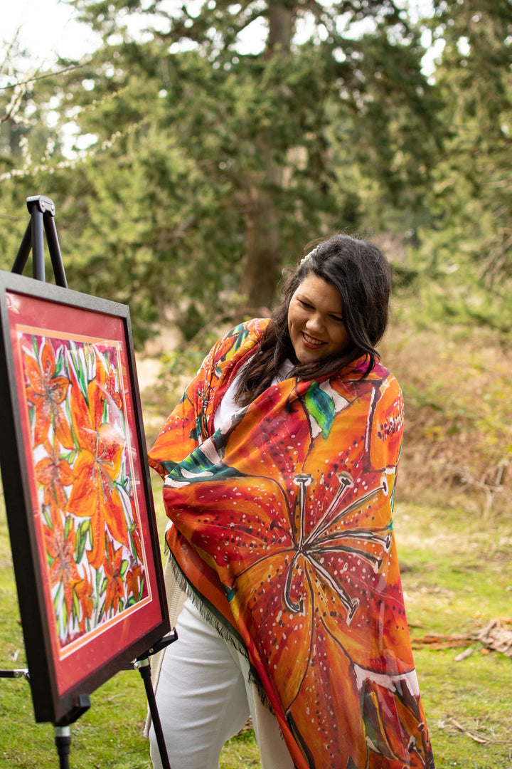 PASSION FIRE PURITY SASKATCHEWAN FIRELILY  ORIGINAL SILK PAINTING BY CYDNEY
