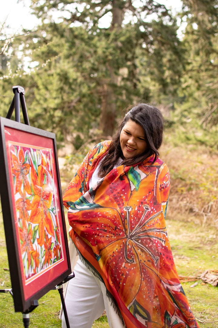 PASSION FIRE PURITY SASKATCHEWAN FIRELILY  ORIGINAL SILK PAINTING BY CYDNEY