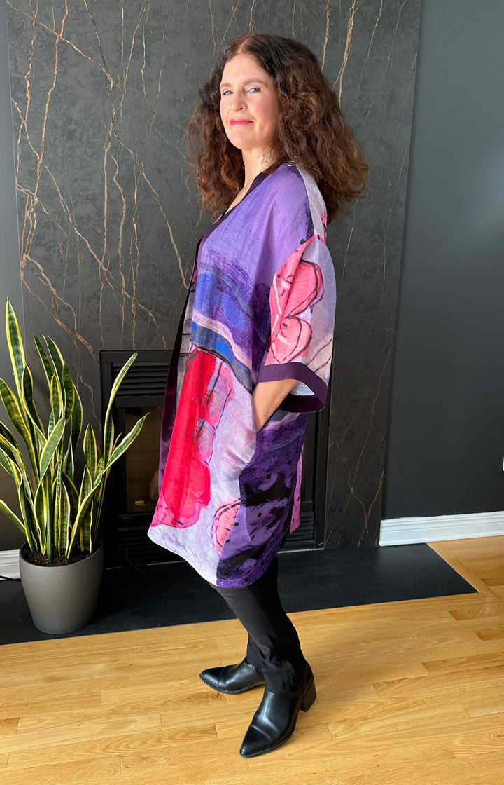 D-489A KIMONO - LET RIGHTEOUSNESS AND PRAISE SPRING UP - WITH EGGPLANT PURPLE SILK TRIM