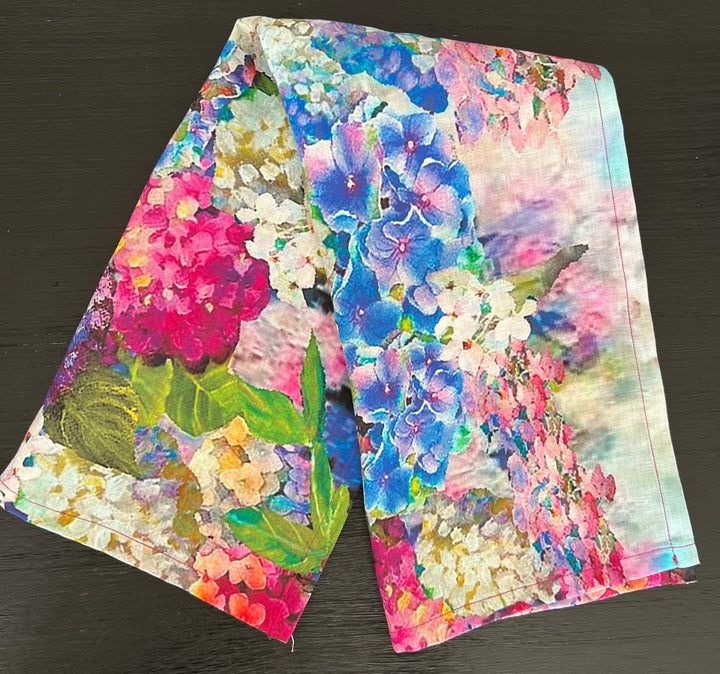 D-211LTT JOY BOMB BLUE HYDRANGEAS  ORGANIC LINEN TEA TOWEL