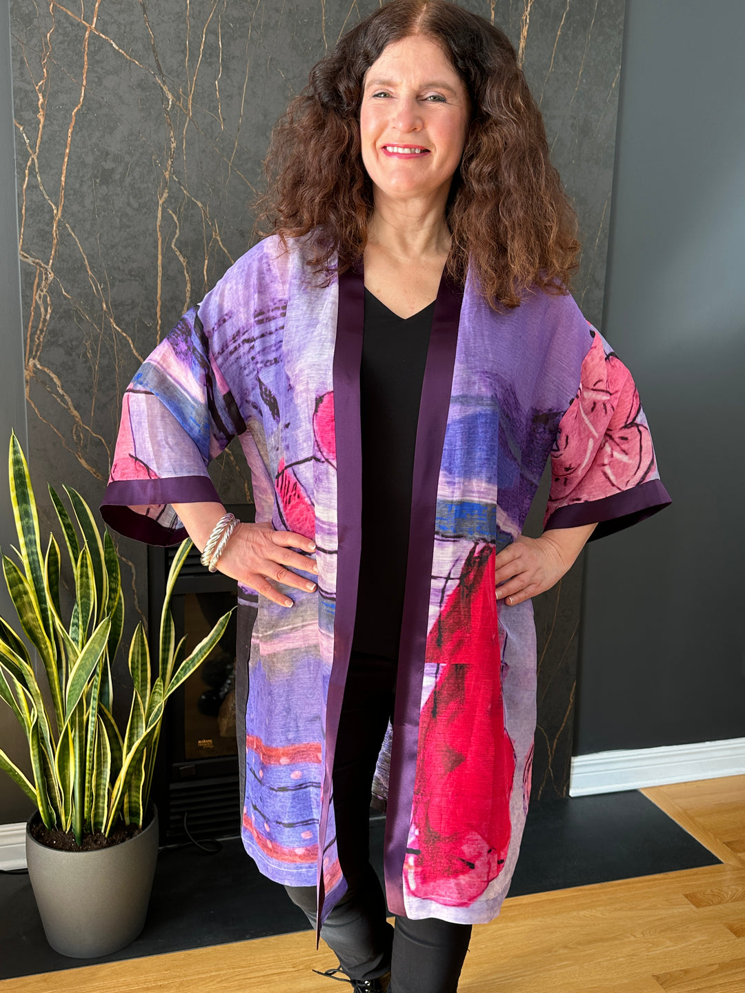 D-489A KIMONO - LET RIGHTEOUSNESS AND PRAISE SPRING UP - WITH EGGPLANT PURPLE SILK TRIM