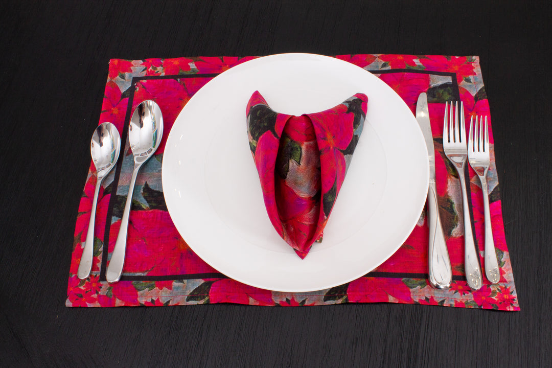 D-368 POINSETTIAS OF PEACE - Organic Linen Napkin 16" x 16"