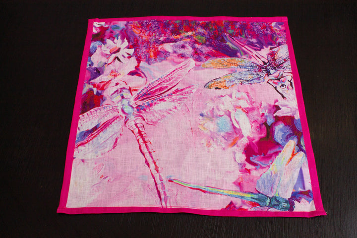 D-587 BE HEALED - PINK DRAGONFLY - Organic Linen Napkin 16" x 16"
