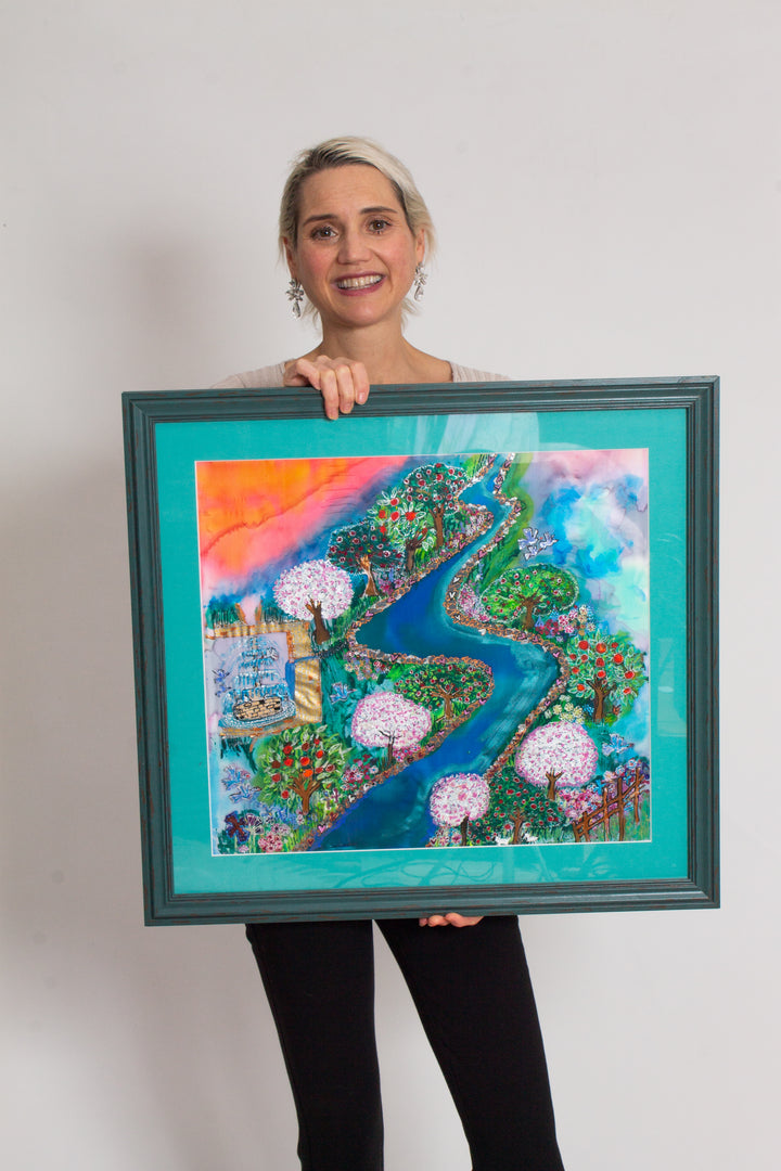 D-196   AN ORIGINAL SILK PAINTING by CYDNEY    EVERYWHERE THE RIVER FLOWS IT GIVES LIFE