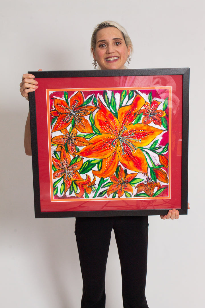 PASSION FIRE PURITY SASKATCHEWAN FIRELILY  ORIGINAL SILK PAINTING BY CYDNEY