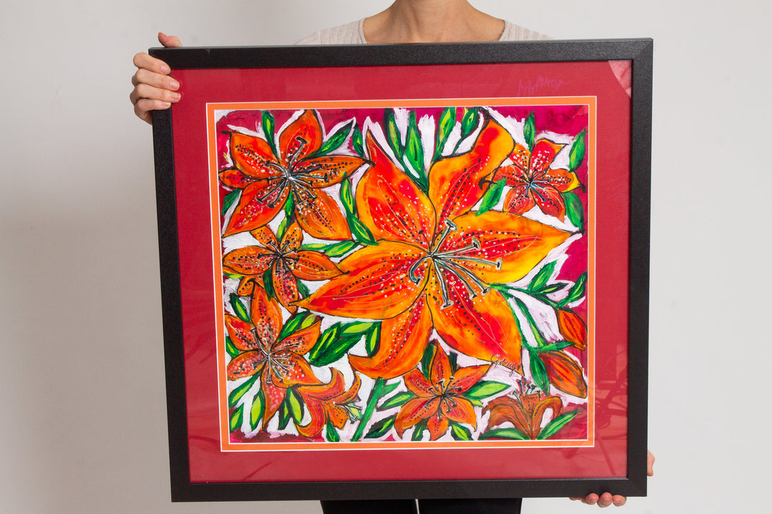 PASSION FIRE PURITY SASKATCHEWAN FIRELILY  ORIGINAL SILK PAINTING BY CYDNEY
