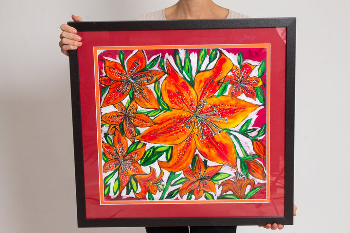 PASSION FIRE PURITY SASKATCHEWAN FIRELILY  ORIGINAL SILK PAINTING BY CYDNEY