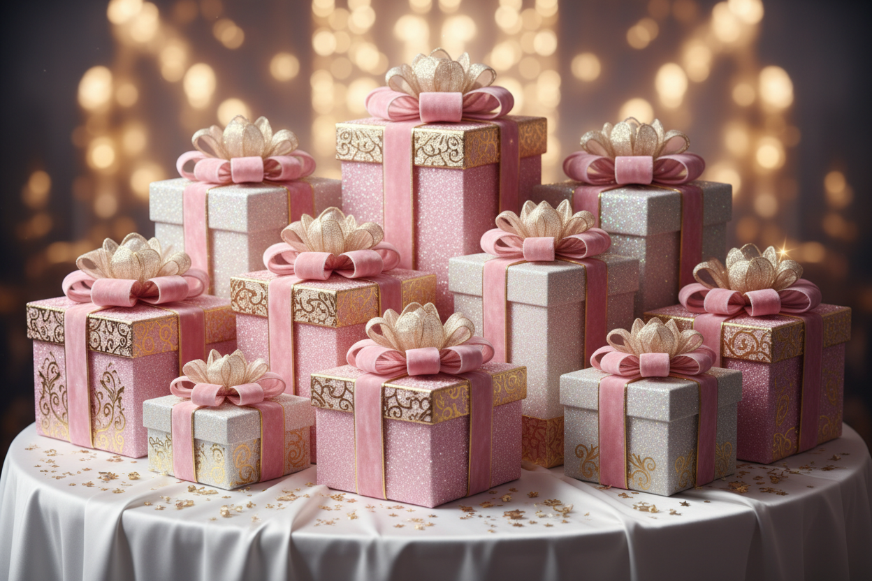 pink and white glitter gold gift boxes glamouous with bow