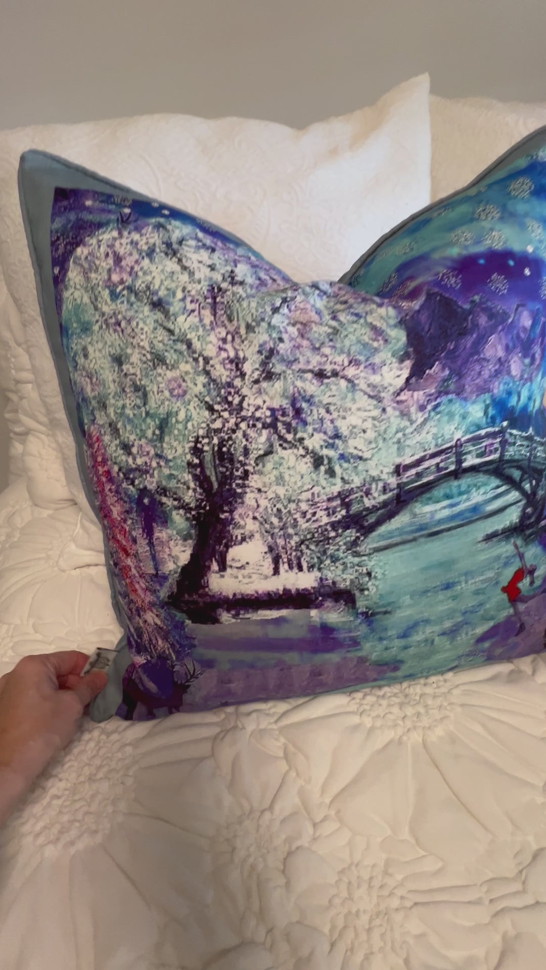 D-187 A WINTER WONDERLAND - Large Luxury Hand Painted Organic Linen Sham, 22" x 22"