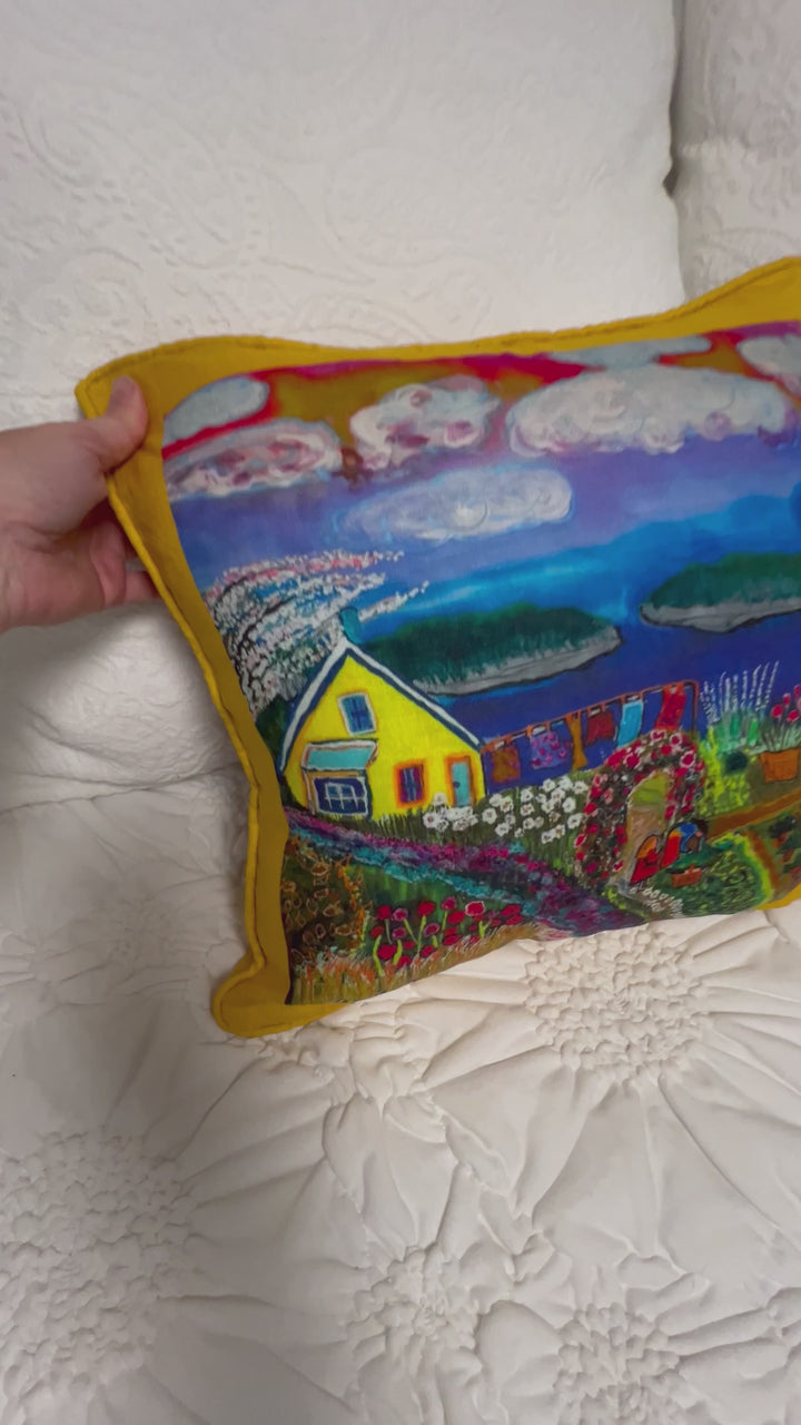 D-576 LIVING ON THE OVERFLOW - Small Luxury Organic Linen Sham with Yellow Edge, 16" x 16"