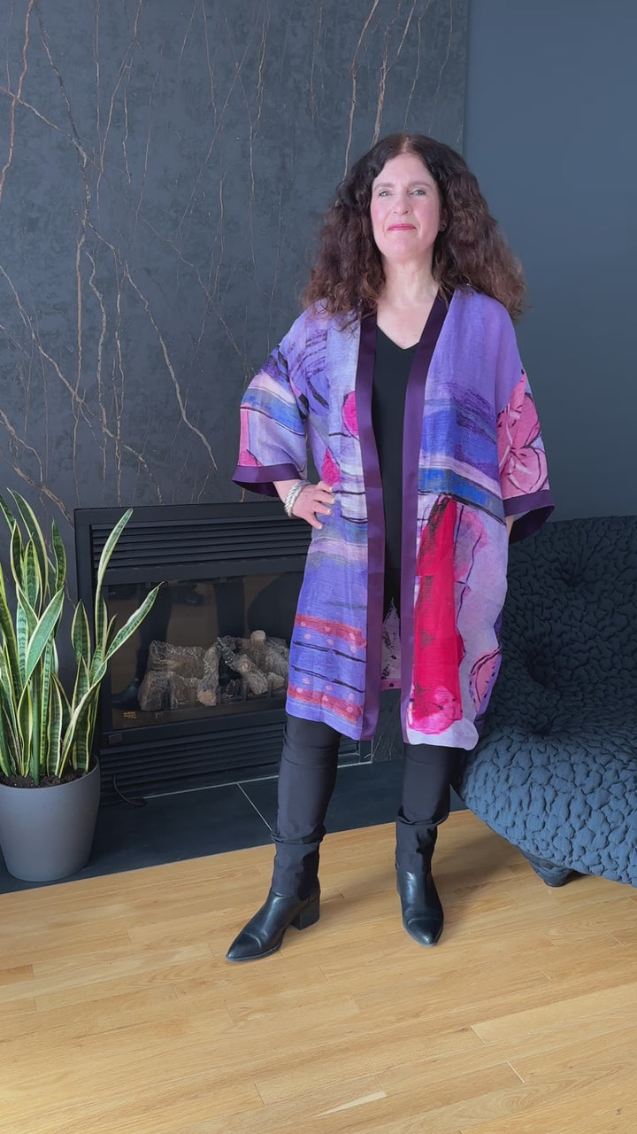 D-489A KIMONO - LET RIGHTEOUSNESS AND PRAISE SPRING UP - WITH EGGPLANT PURPLE SILK TRIM
