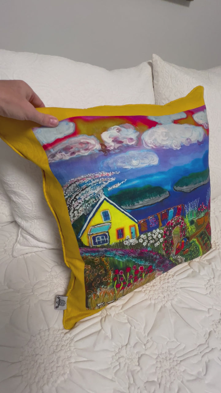 D-576 LIVING ON THE OVERFLOW - Large Luxury Organic Linen Sham with Yellow Edge, 22" x 22"