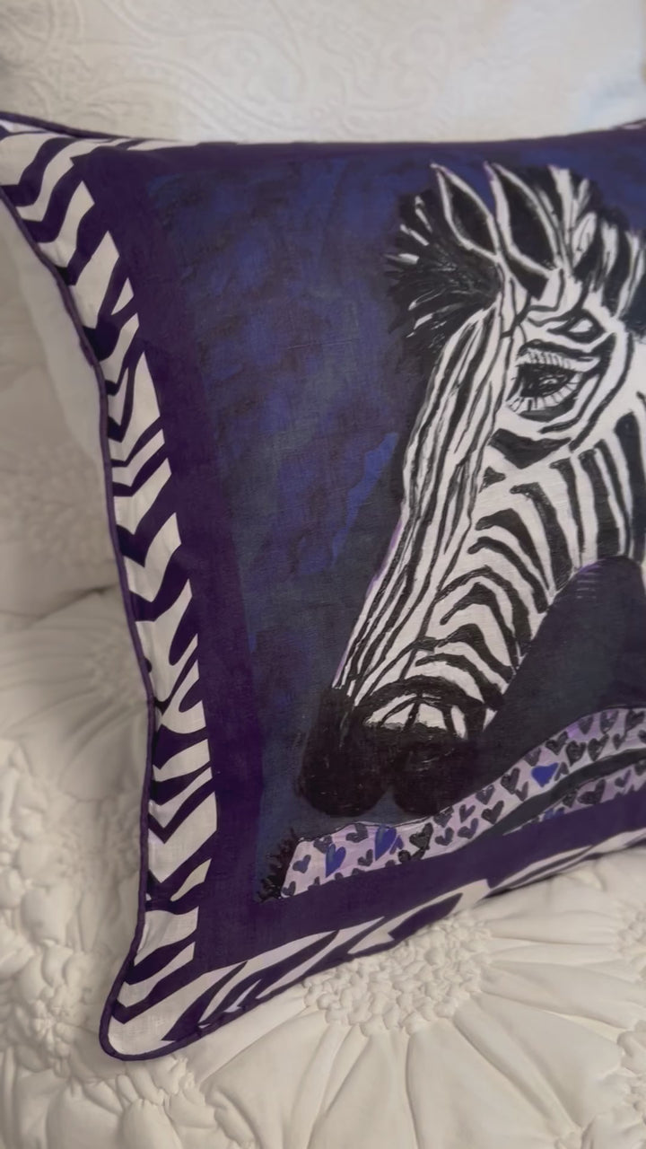 D-373 HEALING STRIPES - BLUE ZEBRA - Small Luxury Hand Painted Organic Linen Sham , 16" x 16"