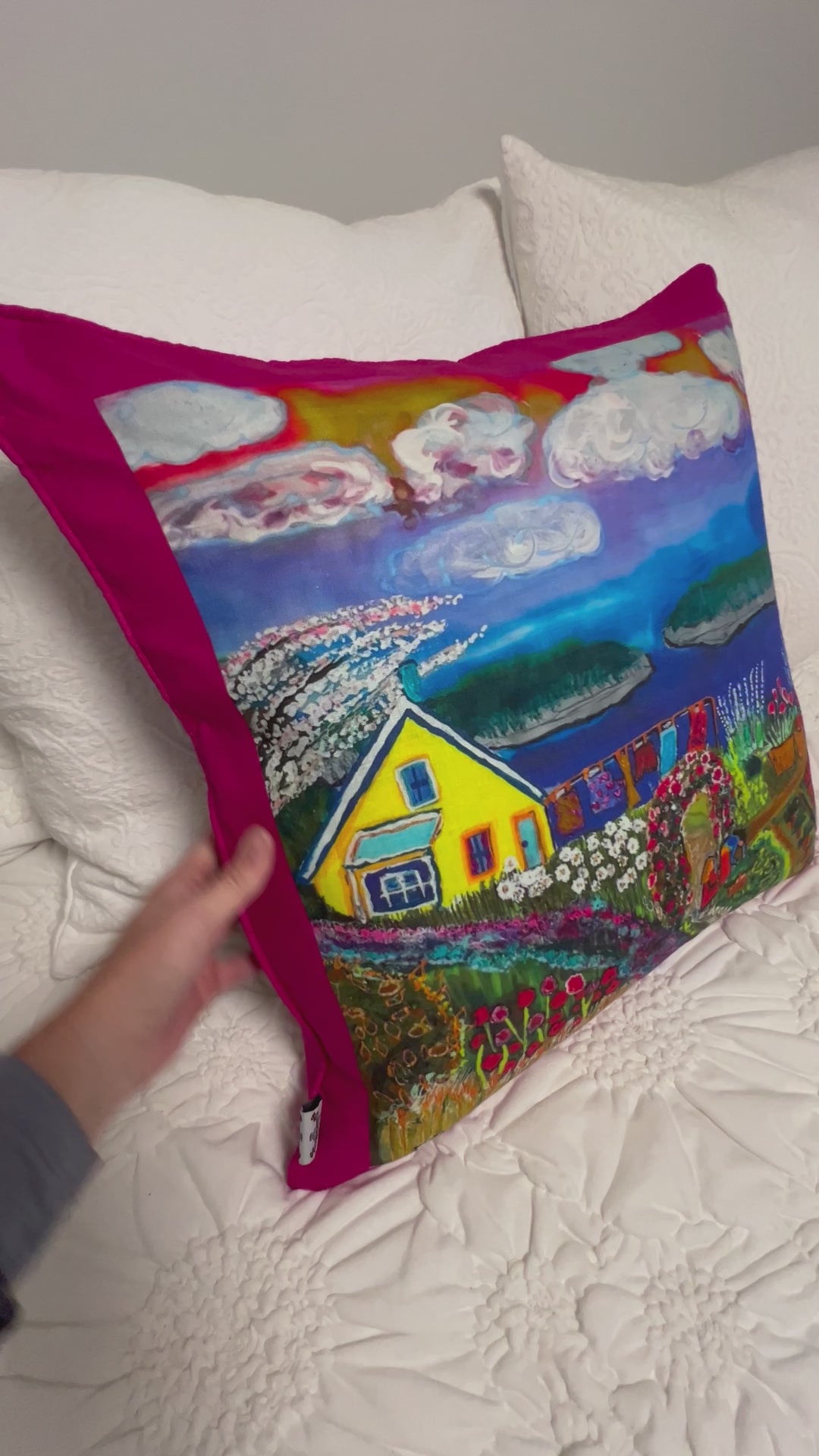 D-569 LIVING ON THE OVERFLOW - Large Luxury Organic Linen Sham with Fuchsia Edge, 22" x 22"