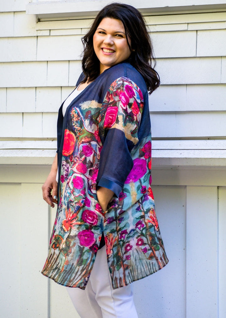 D-112BK LOVE'S EYE IS ON THE HUMMINGBIRD LUXURY SILK LINEN KIMONO