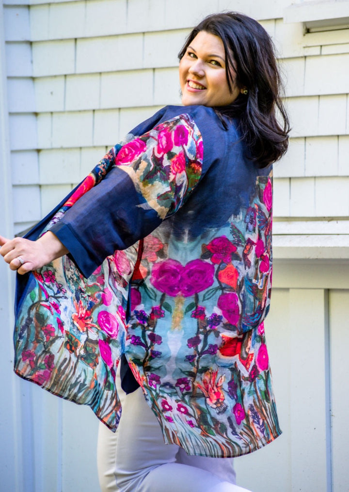 D-112BK LOVE'S EYE IS ON THE HUMMINGBIRD LUXURY SILK LINEN KIMONO