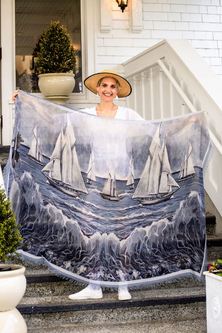 D-362K REWARDS IN WAITING THE SAILBOATS LUXURY KIMONO, LIGHT BLUE TRIM