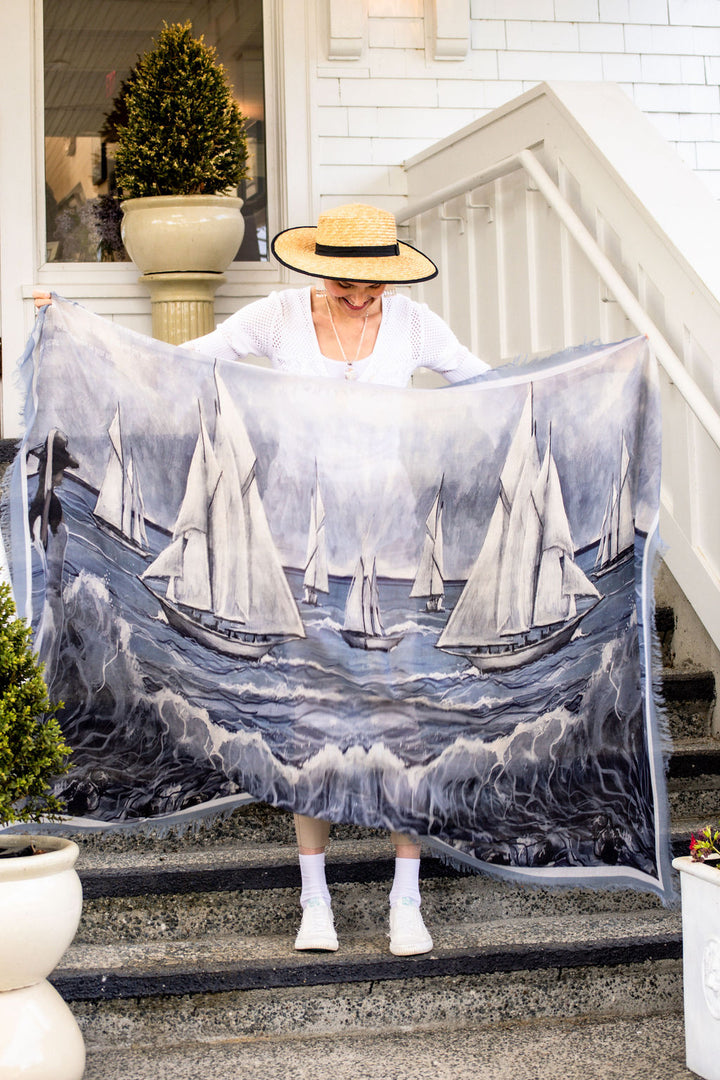 D-362K REWARDS IN WAITING THE SAILBOATS LUXURY KIMONO, LIGHT BLUE TRIM