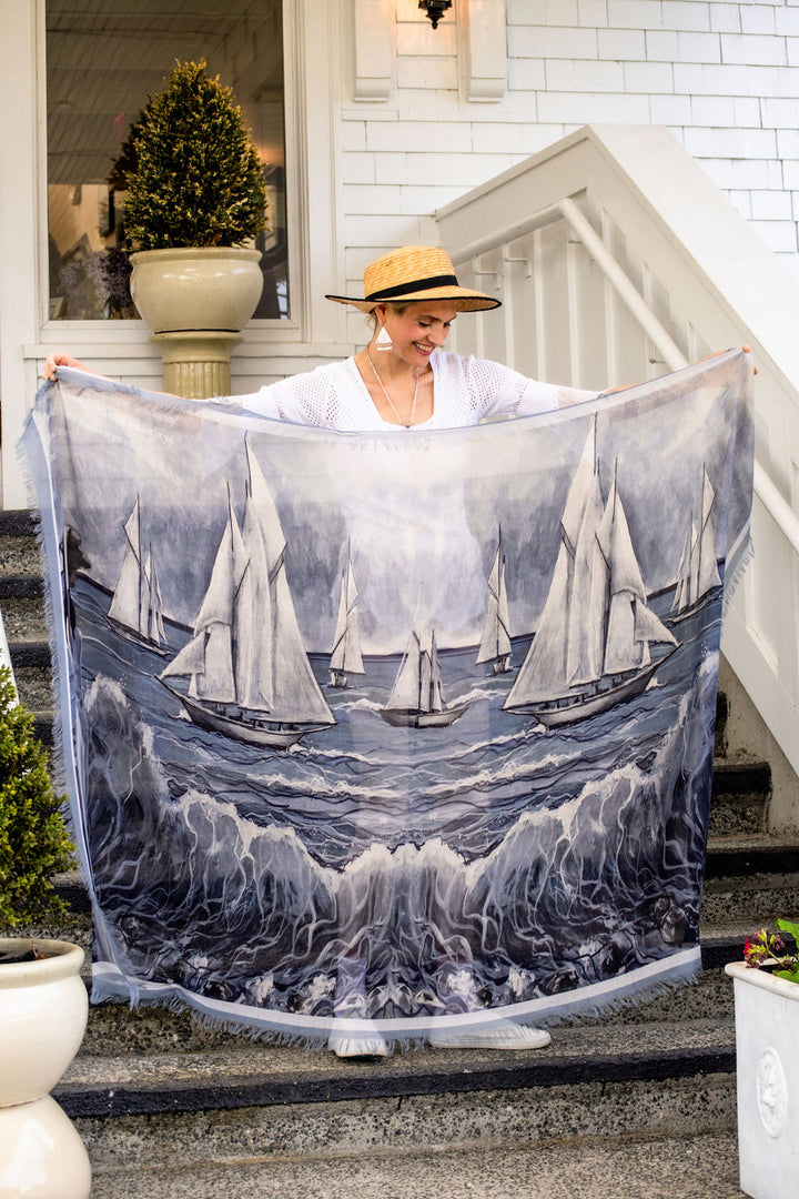 D-362K REWARDS IN WAITING THE SAILBOATS LUXURY KIMONO, LIGHT BLUE TRIM