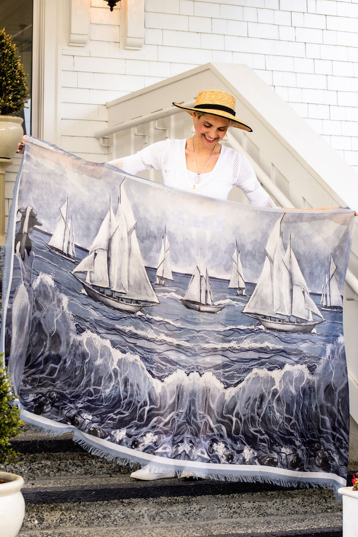 D-362K REWARDS IN WAITING THE SAILBOATS LUXURY KIMONO, LIGHT BLUE TRIM