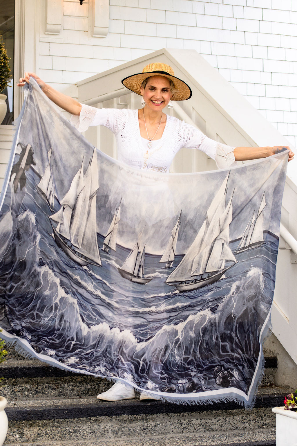 D-362K REWARDS IN WAITING THE SAILBOATS LUXURY KIMONO, LIGHT BLUE TRIM