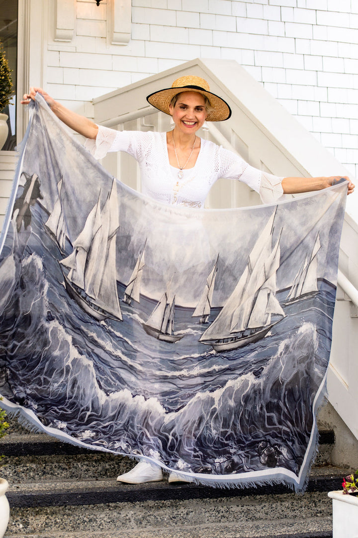 D-362K REWARDS IN WAITING THE SAILBOATS LUXURY KIMONO, LIGHT BLUE TRIM