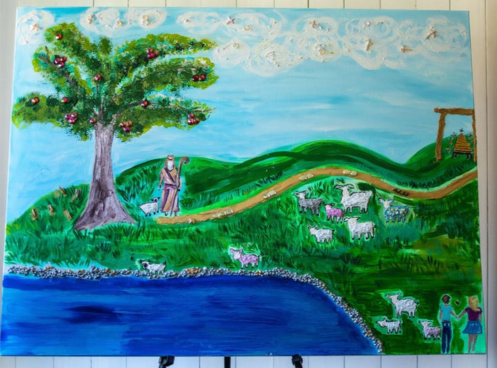 D-183   AN ORIGINAL SILK PAINTING by CYDNEY      STILL WATERS, GREEN PASTURES - PSALM 23