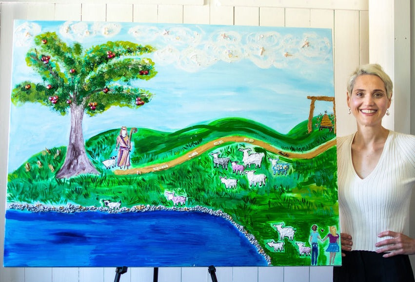 D-183   AN ORIGINAL SILK PAINTING by CYDNEY      STILL WATERS, GREEN PASTURES - PSALM 23