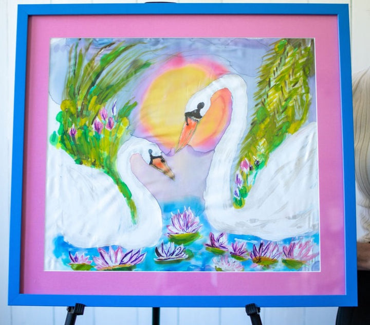 D-126   AN ORIGINAL SILK PAINTING by CYDNEY            EVERLASTING LOVE : SWANS
