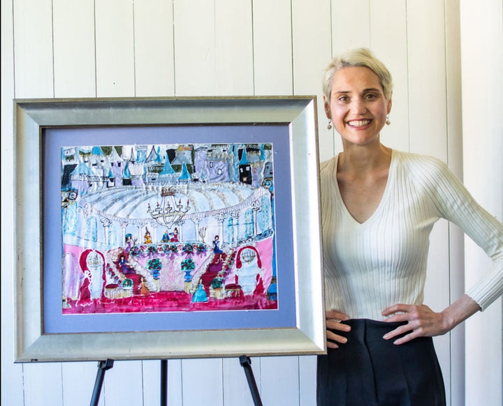 D-218  AN ORIGINAL SILK PAINTING by CYDNEY - THE ESTHER SCARF- A LITTLE MORE GREY POUPON - PREPARE FOR THE PALACE