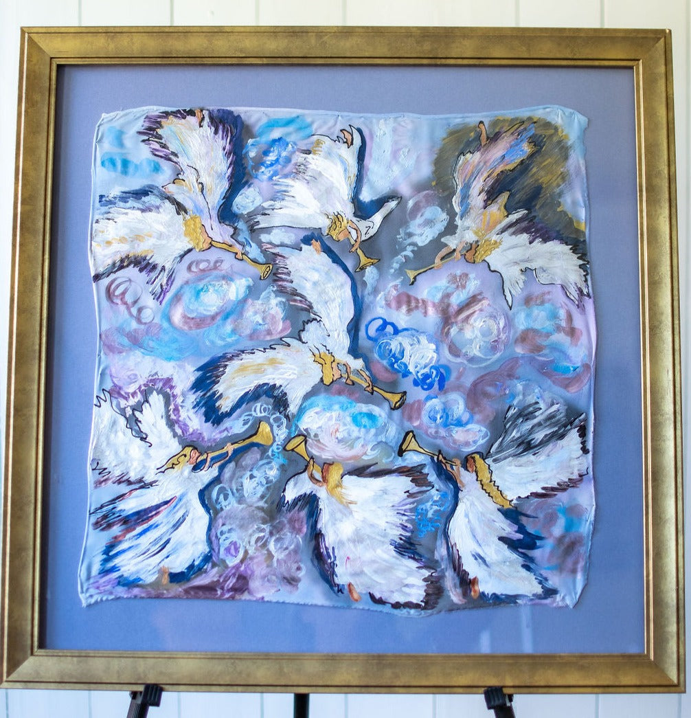 D-353  AN ORIGINAL SILK PAINTING by CYDNEY - SEVEN ANGELS WITH SEVEN TRUMPETS