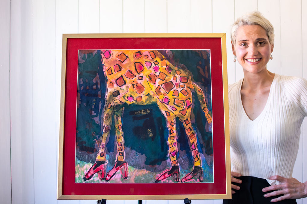 D-393  AN ORIGINAL SILK PAINTING by CYDNEY - FEET WITH A BEAT - GIRAFFE WEARING HIGH HEALS WITH WINGS