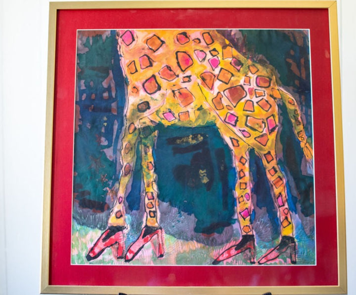 D-393  AN ORIGINAL SILK PAINTING by CYDNEY - FEET WITH A BEAT - GIRAFFE WEARING HIGH HEALS WITH WINGS