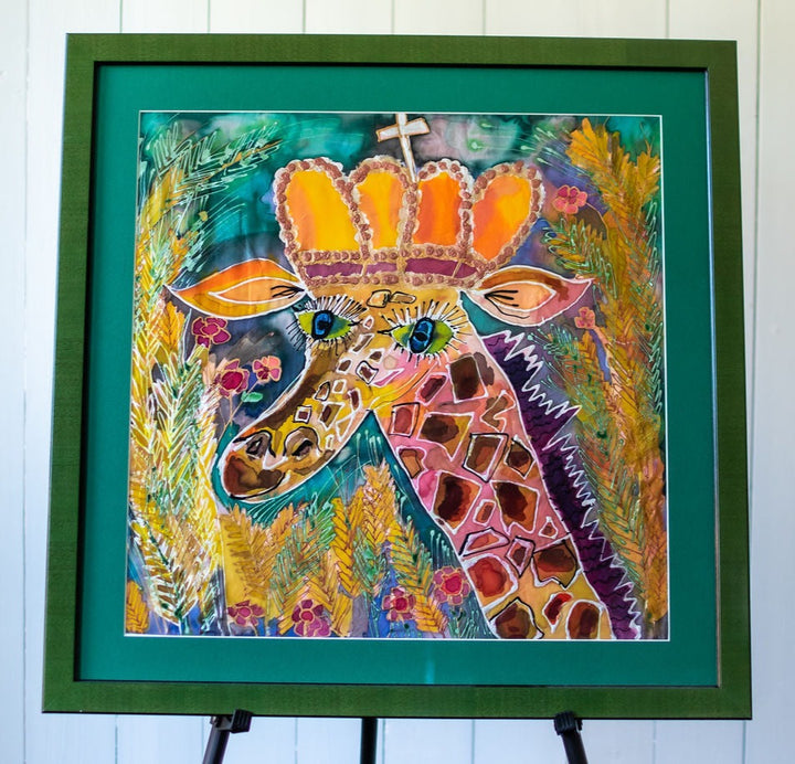 AN ORIGINAL SILK PAINTING by CYDNEY - CROWNED ! GIRAFFE WITH A REGAL CROWN